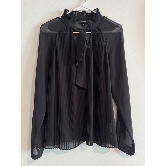 Who What Wear Tops - Who What Wear‎ Pleated Tie Neck Blouse Women Medium Black Sheer Ruffle Collar